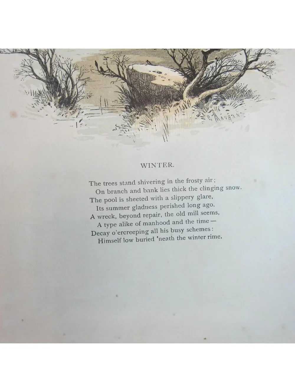 Antique 1870s Engraving Print from The Aldine Old Mill in Winter Scene & Poem